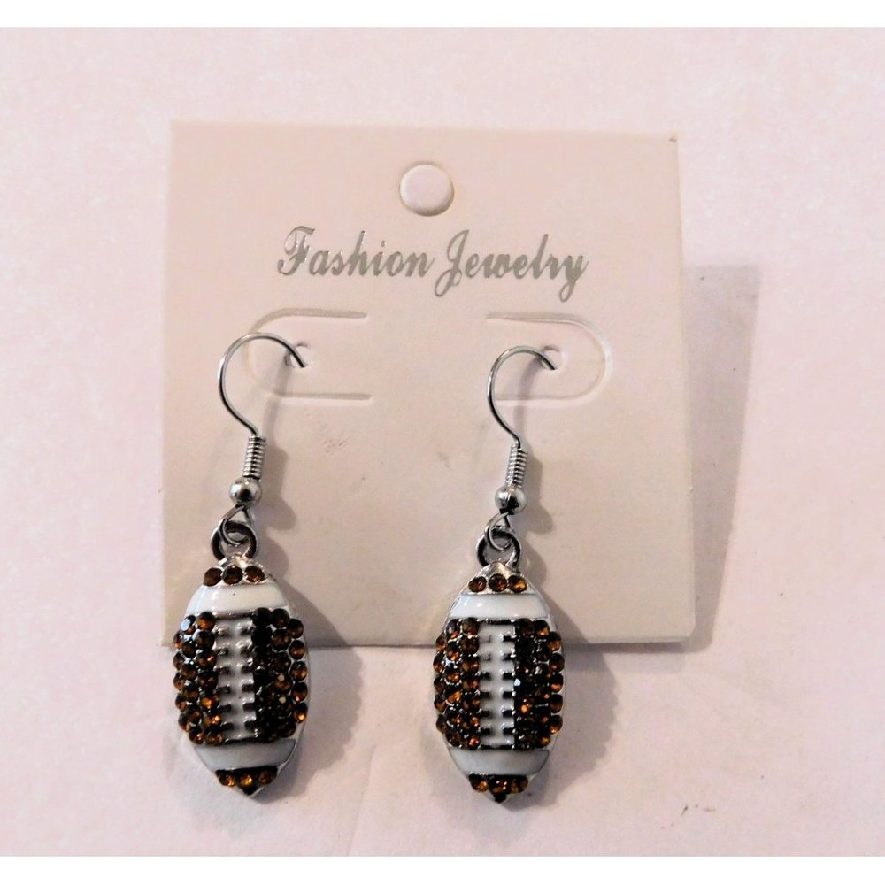 Football Pierced Earrings Fish Hook Brown Crystals Bling Silver Tone Novelty